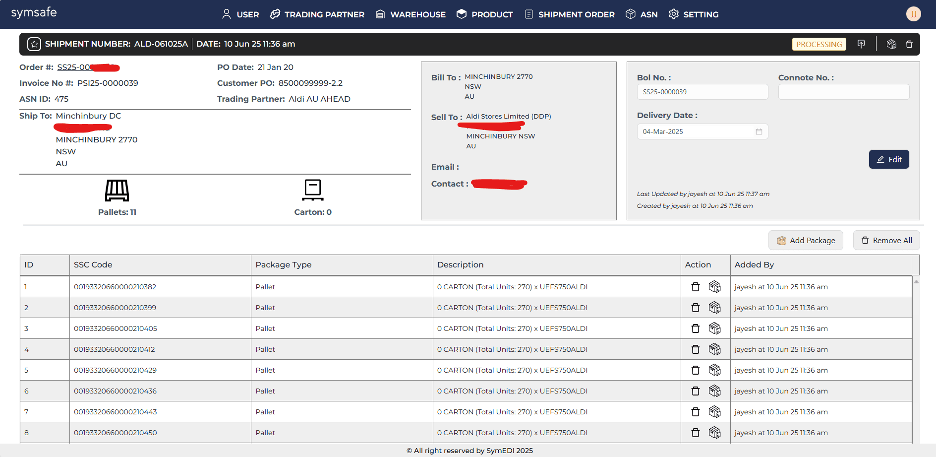 SymSafe Shipment ASN Detail
